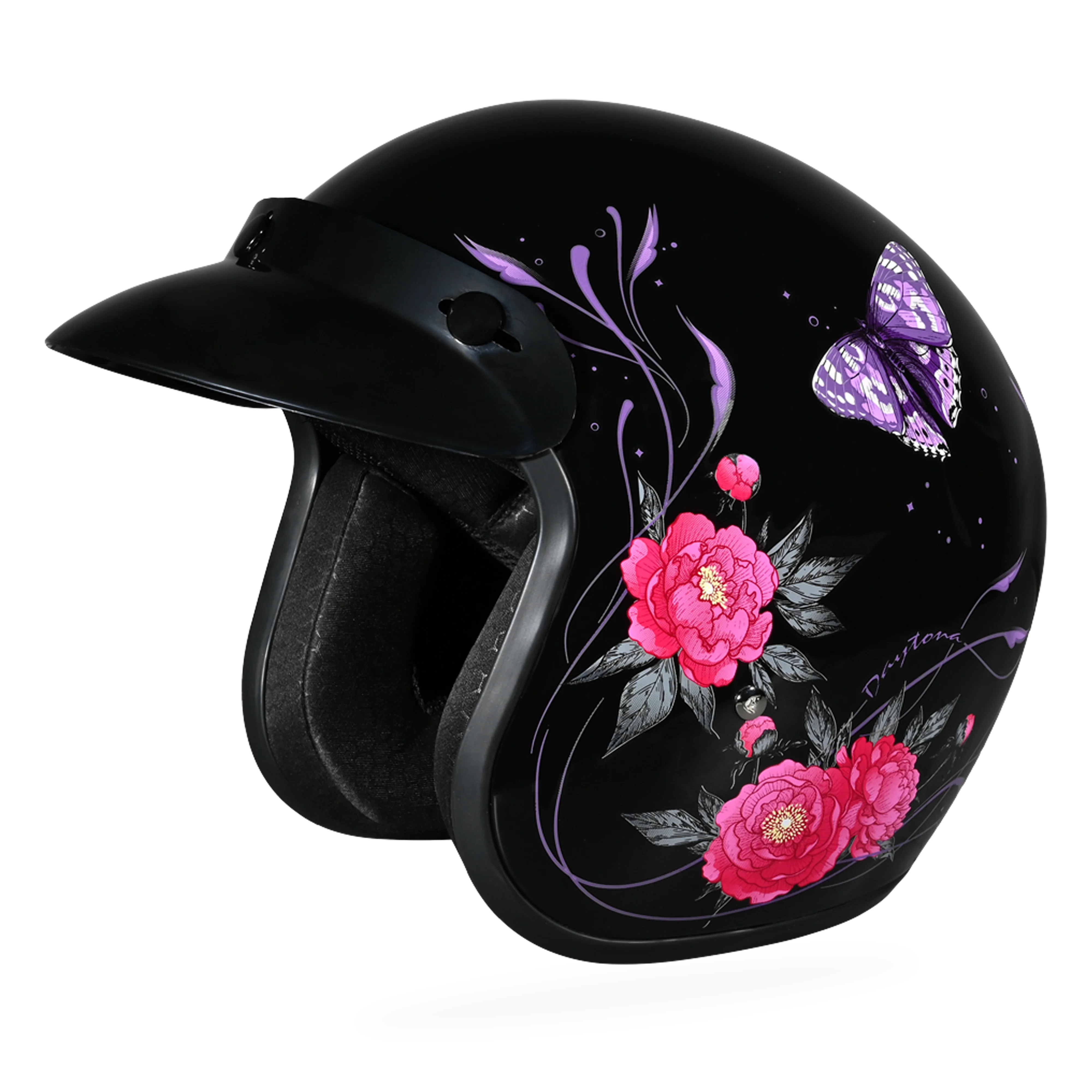 DOT Approved Daytona Cruiser Open Face Motorcycle Helmet - Men, Women & Youth - With Visor & Graphics - W/ Butterfly